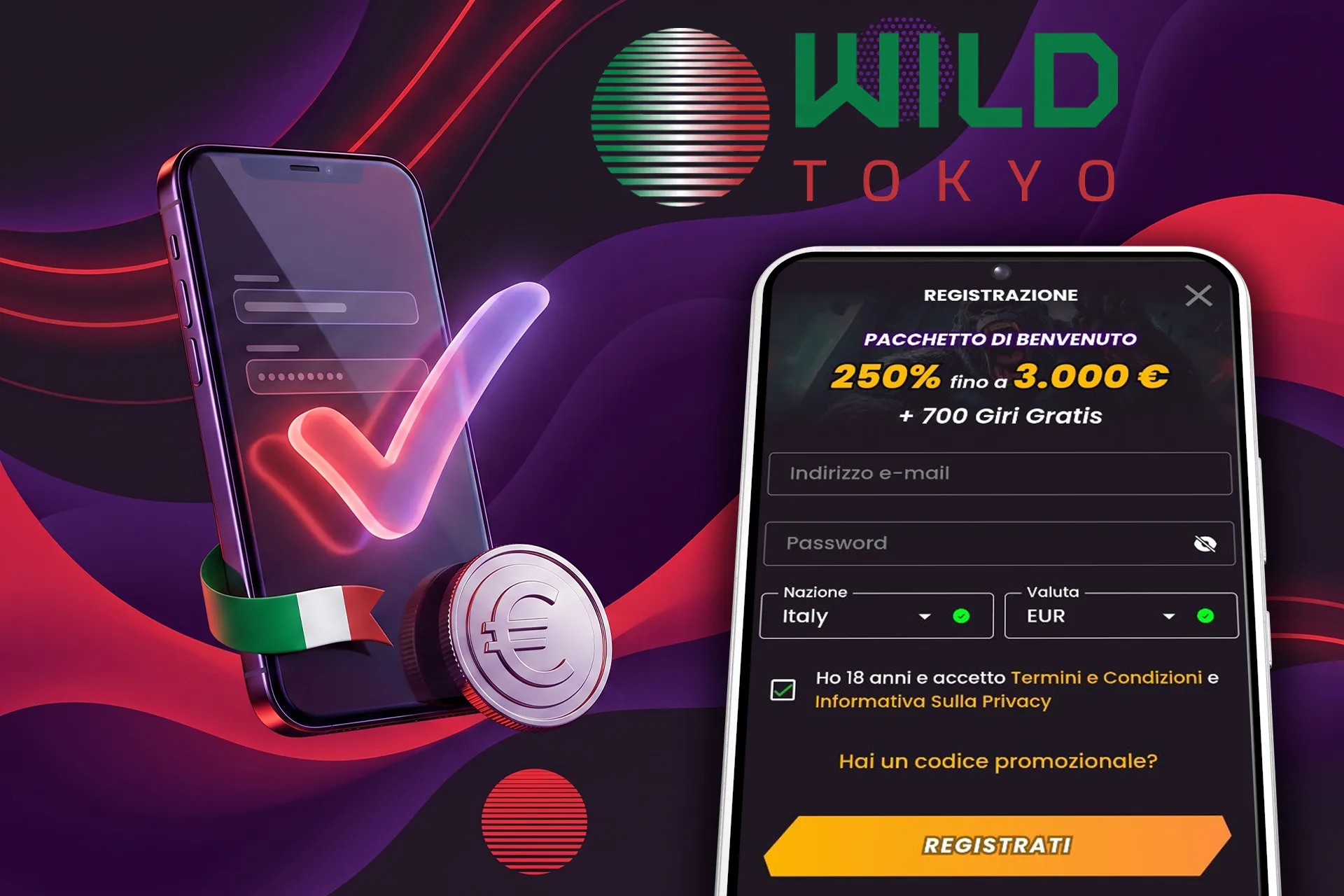 Modulo di registrazione semplice e veloce per i giocatori italiani, con il bonus di iscrizione in evidenza su uno smartphone accanto a una spunta di conferma